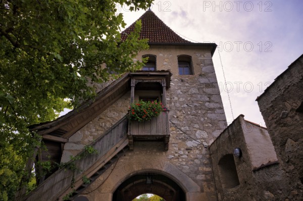 Historic defence defence tower, tower, Laufen Castle, Rhine Falls Schaffhausen, waterfall,