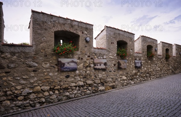 City wall, castle wall with paintings, Laufen Castle, Rhine Falls Schaffhausen, waterfall,
