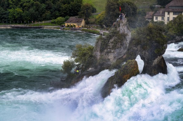 Tourists, visitors, on viewing platform, rock, middle rock, Rhine Falls Schaffhausen, waterfall,