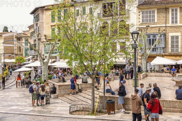 Cityscape view at the city square with lot of tourist in Sóller a famous tourist destination on