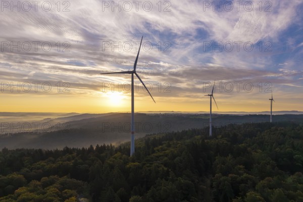 Wind turbines over a densely wooded area under a bright, clear morning sky, near Schorndorf,