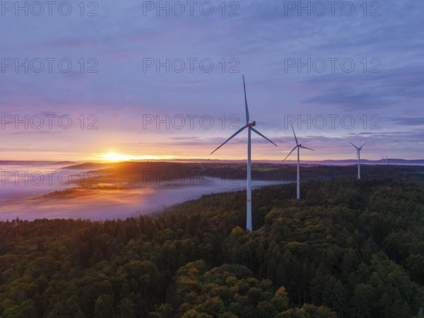 Wind turbines above a fog-covered forest in golden sunlight, sunrise, near Schorndorf, Rems-Murr