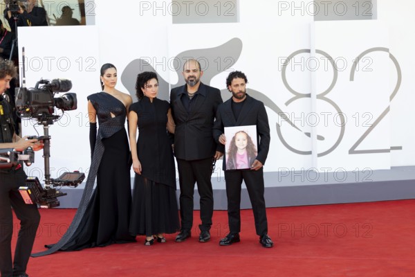 Venice, Italy - 3 September 2025: Saja Kilani, Clara Khoury, Amer Hlehel, Motaz Malhees with a