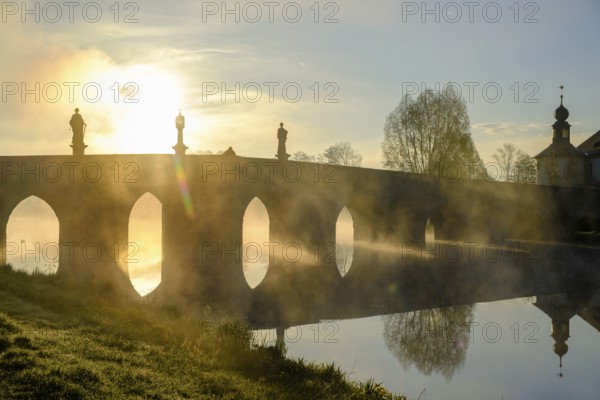 Morning atmosphere, fog at Fischhof, with historic Fischhof bridge, Tirschenreuth, Upper