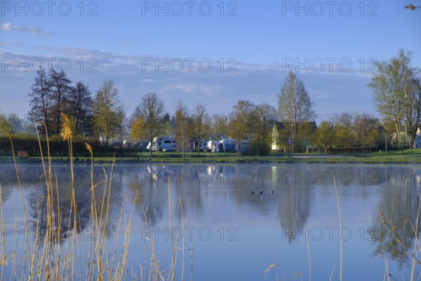 Motorhome site, morning mood, fog at the Fischhof, Tirschenreuth, Upper Palatinate, Bavaria,