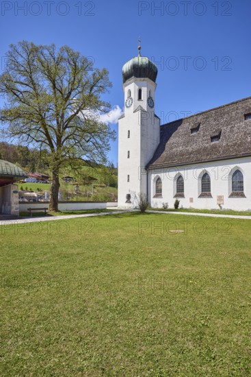 Parish church Herz-Jesu Bischofswiesen, church, church tower, street, lawn, hill, forest, tree,