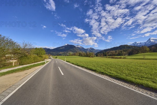 Road, centre line, meadow, landscape, mountain landscape, mountains, hills, trees, forest, blue