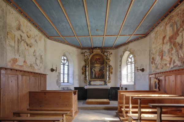 Interior view of the altar, wall frescoes, Wyher Castle Chapel, Wyher moated castle, Ettiswil,