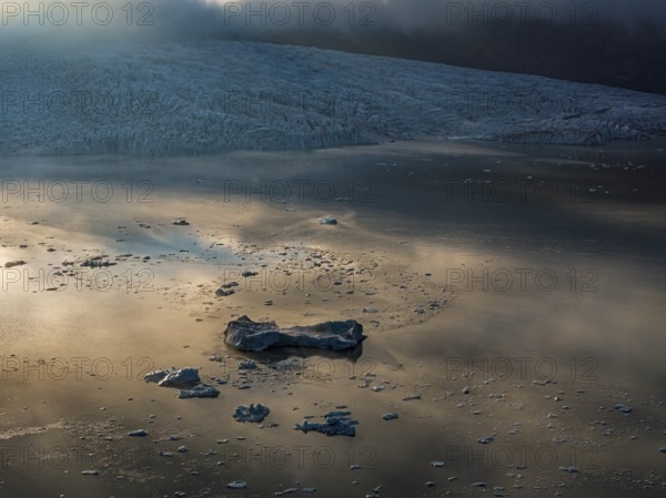 Icebergs, ice floes, glacial lake, glacier, summer, evening mood, aerial view, Fjallsjökull,
