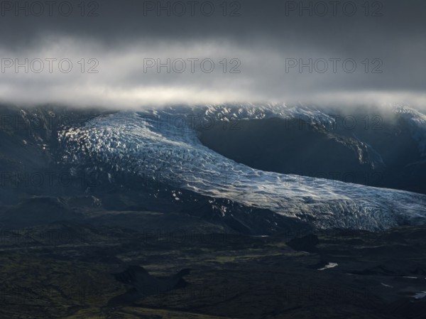 Glacier, glacier tongue, mountains, cloudy, summer, evening mood, aerial view, Fjallsjökull,
