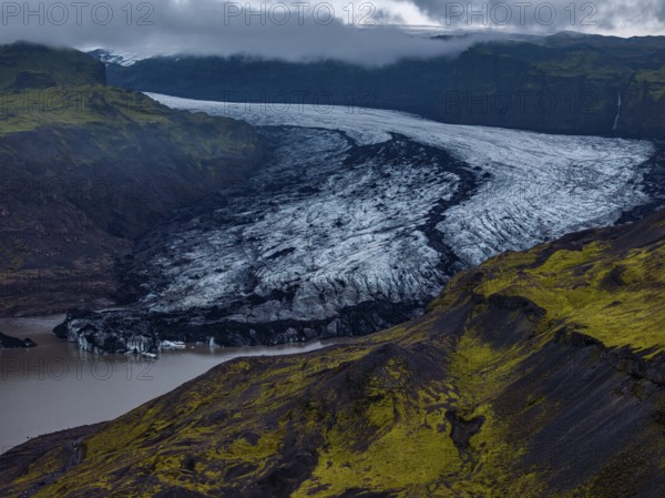 Glacier, glacier tongue, lake, mountains, cloudy, rainy, summer, aerial view, Myrdalsjökull,
