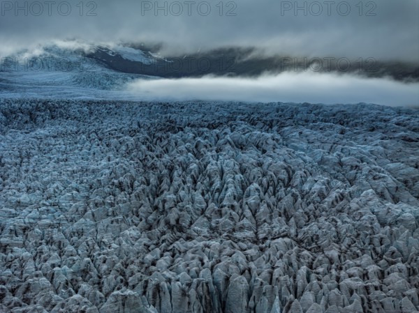 Glacier, glacier tongue, summer, evening mood, clouds, aerial view, Fjallsjökull, Vatnajökull