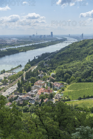 Viewpoint on the way to Leopoldskirche with a view of Kahlenbergdorf and the Danube in the