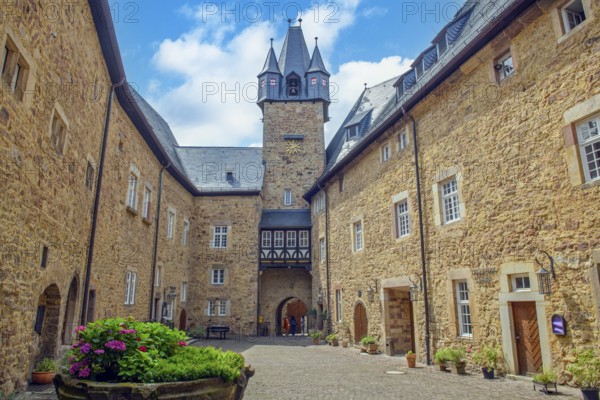 View over the inner courtyard of Spangenberg Castle to the castle tower, Spangenberg,