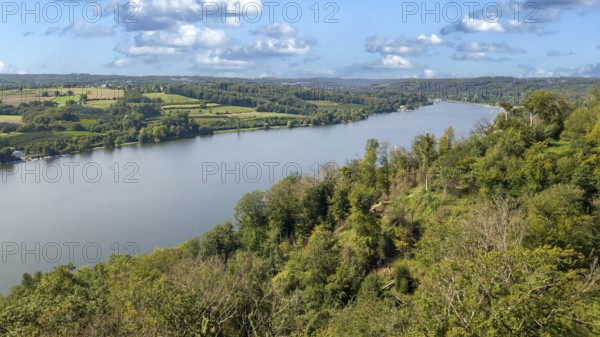 Bird's eye view of Lake Baldeney and Schellenberger Wald mixed forest in front, Essen, North