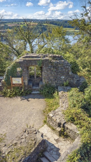 Bird's eye view of rest of wall with window niche part of ruins of Isenburg Castle, below old