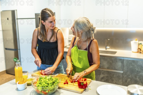 Mother and daughter preparing a healthy vegetable salad together in a modern kitchen, promoting