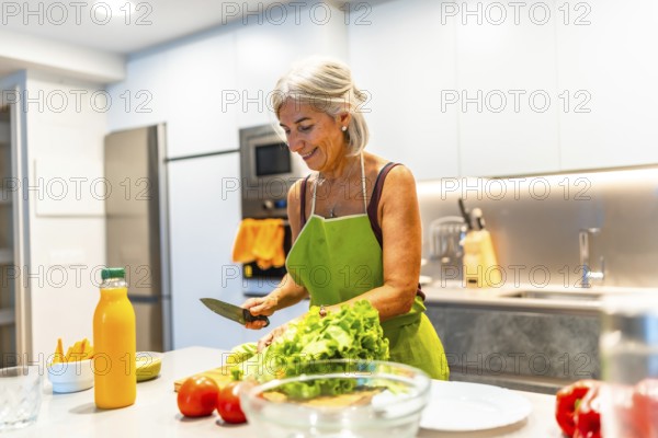 Happy mature woman wearing an apron, preparing a fresh vegetable salad in a modern kitchen filled