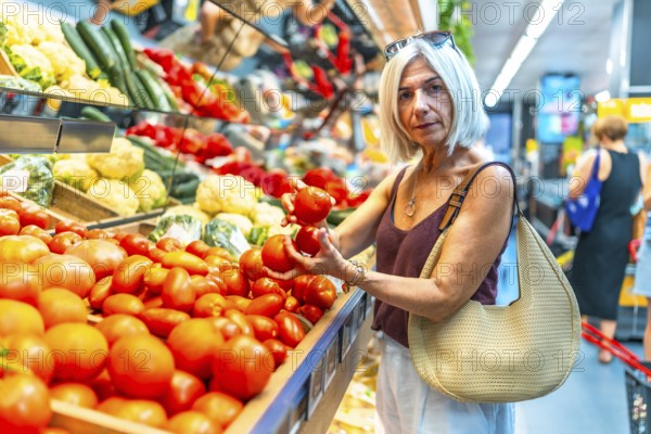 Mature woman choosing ripe tomatoes in a vibrant grocery store produce aisle, surrounded by an