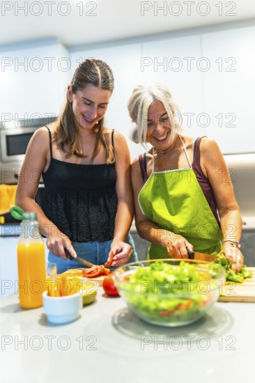 Smiling mother and daughter preparing a fresh salad together in a modern kitchen, highlighting