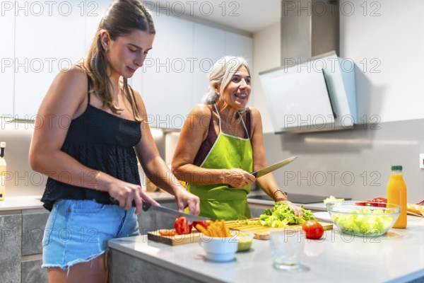 Two women enjoying a cooking session together, preparing fresh vegetables in a bright, modern