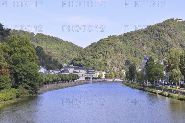 Baroque UNESCO casino and riverside promenade on the Lahn with fountain, Bad Ems,