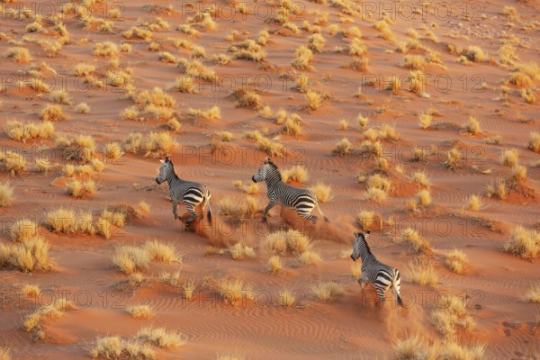 Hartmann's Mountain Zebra (Equus zebra hartmannae). At a sandy plain in the Namib Desert. Aerial