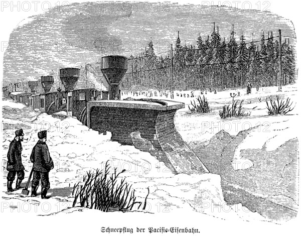 Snow plough of the Pacific Railway, Pacific Railway, North America, metre-high snow, several steam