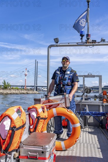 Multi-purpose boat of the THW during a training trip on the Rhine, Medienhafen in Düsseldorf, of