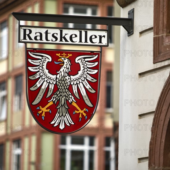 Traditional Ratskeller nose shield with the coat of arms of the city of Frankfurt am Main, Hesse,