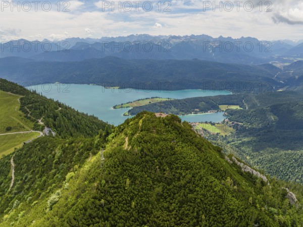 Elevated view of lakes and forests under a cloudy sky, Herzogstand summit, Walchensee, Schlehdorf,