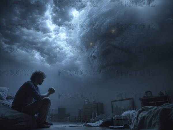 Person kneeling in bed, cloudy monster in the sky, symbolic image for anxiety disorders, panic