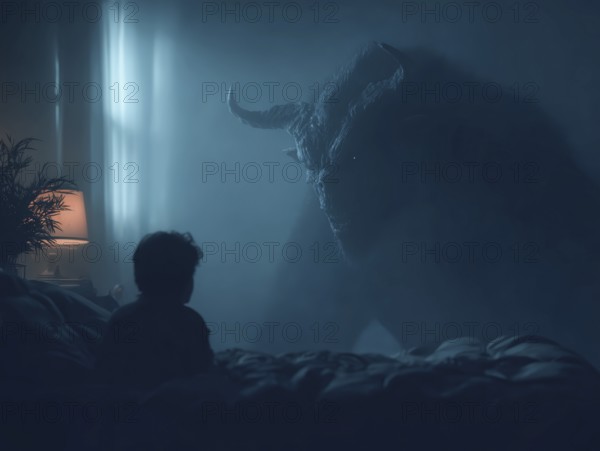 Dark monster standing in a child's room, dim light, symbolising anxiety disorders, panic attacks,