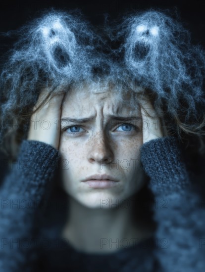 Woman with horror on her face, small ghosts around her head, symbolic image for anxiety disorders,