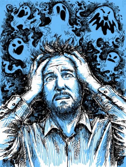 A man in drawn style shows an expression of panic surrounded by ghostly apparitions, symbolising
