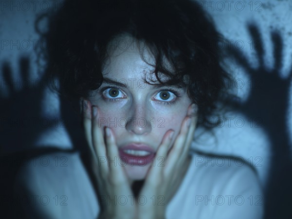 A woman shows a frightened expression on her face while shadowy hands are placed over her,