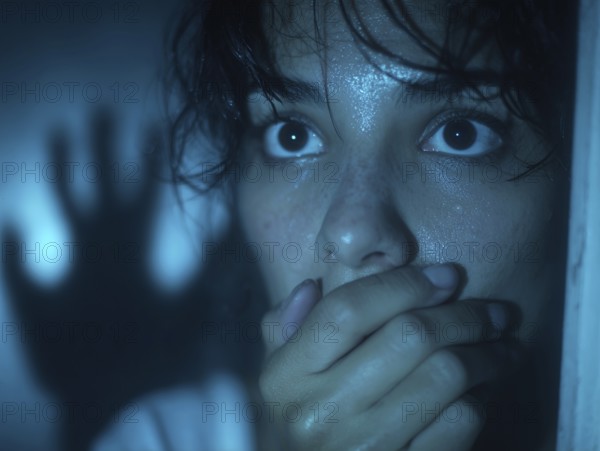 A frightened woman with a shadowy figure in the background holds her hand in front of her mouth,