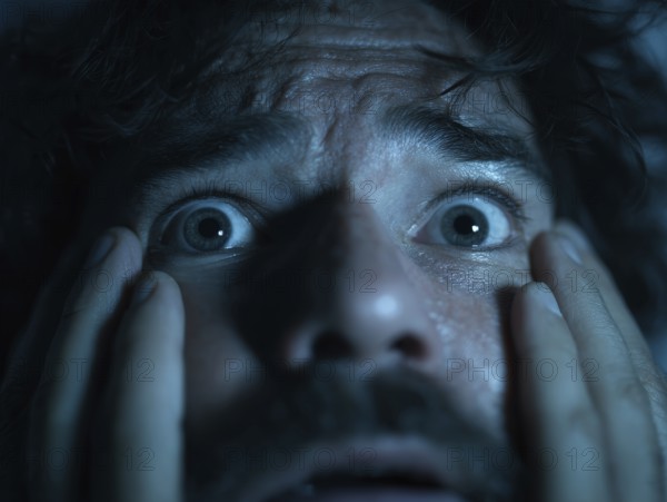 A close-up of a man whose face is marked by fear, symbolising anxiety disorders, panic attacks,