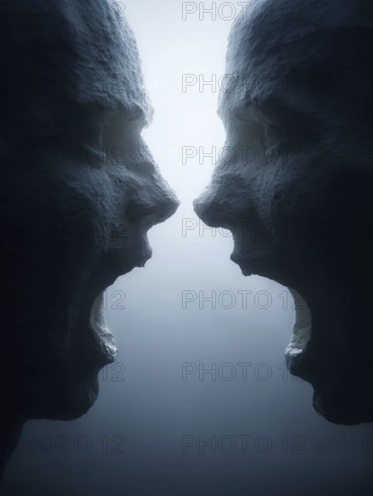 Two sculptures screaming at each other in darkness with dramatic use of light, AI generated, AI