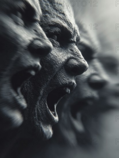 Series of loud screaming faces in darkness with intense expressions and mystical atmosphere, AI