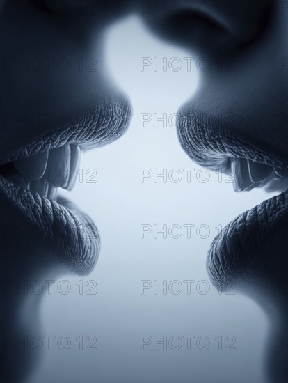 Symmetrical arrangement of two pairs of lips coming close together creates a feeling of intimacy,