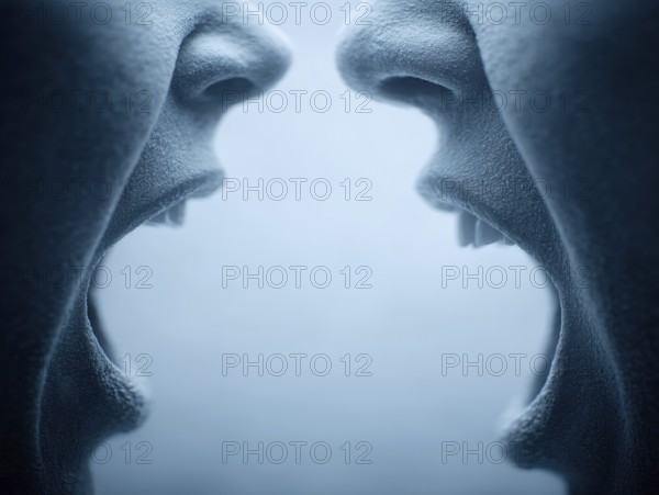 Two open mouths stand close to each other, shouting at each other and creating a tense atmosphere,