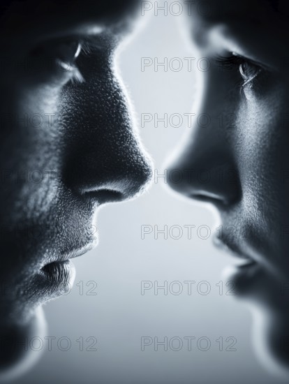 Two faces in intense close-up, holding tense eye contact, create a feeling of intimacy, AI