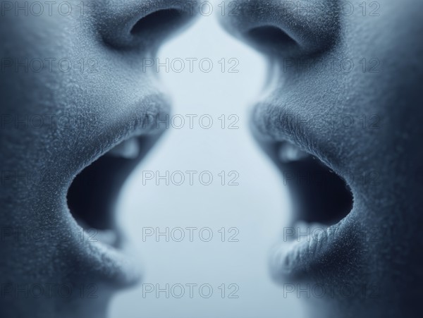 Close-up of two faces with slightly open mouths, creating a sense of intimacy, AI generated, AI