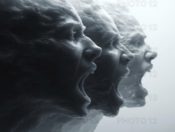 Three screaming, marble faces in dynamic sequence with intense expressions, AI generated, AI