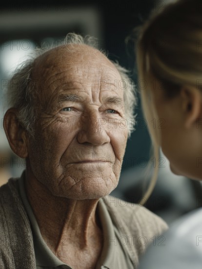 A young carer lovingly looks after a senior in a retirement home, nursing home, symbolic image for