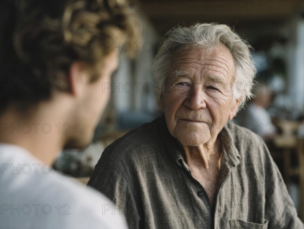 A young carer lovingly looks after a senior in an old people's home, nursing home, symbolic image