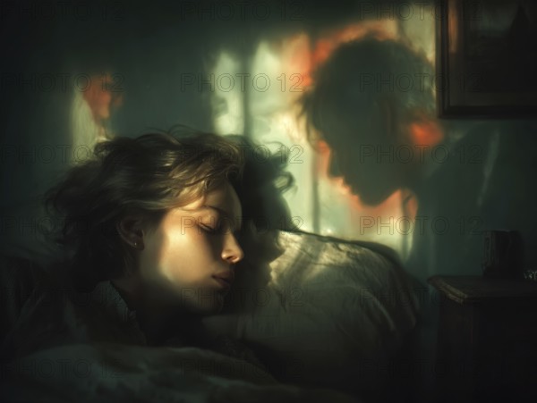 Sleeping woman with mystical shadow silhouettes in the background, symbolic image for sleep, event