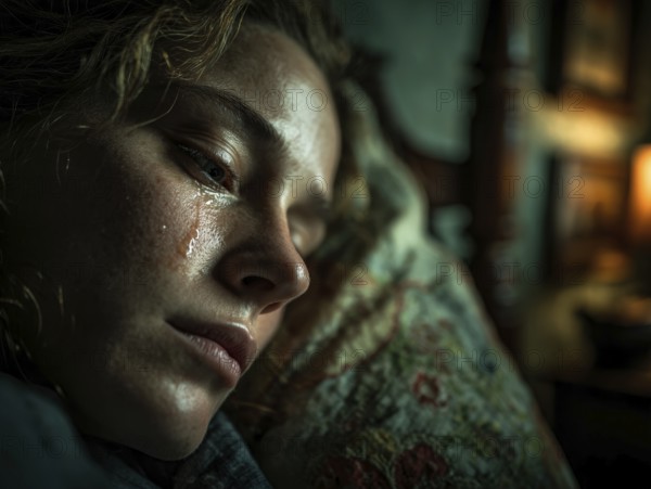 Young woman lying in bed, a tear on her cheek, looks sad and thoughtful, illuminated from the