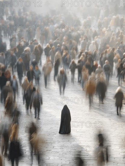 A veiled woman stands in the middle of a crowd, symbolising mental health, stress in the big city,